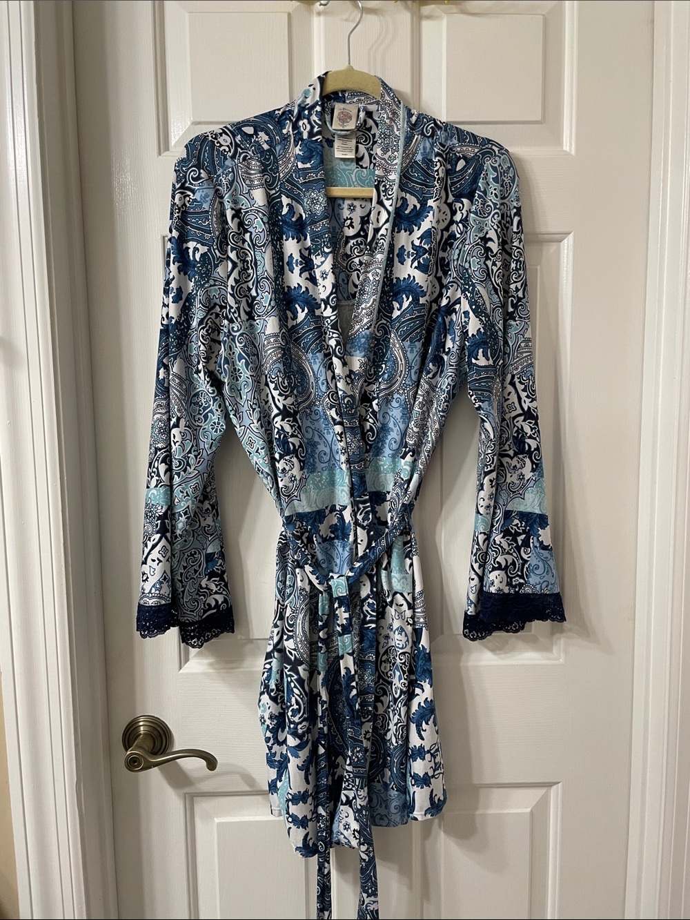In Bloom Blue Paisley Satin Robe with Navy Lace Trim